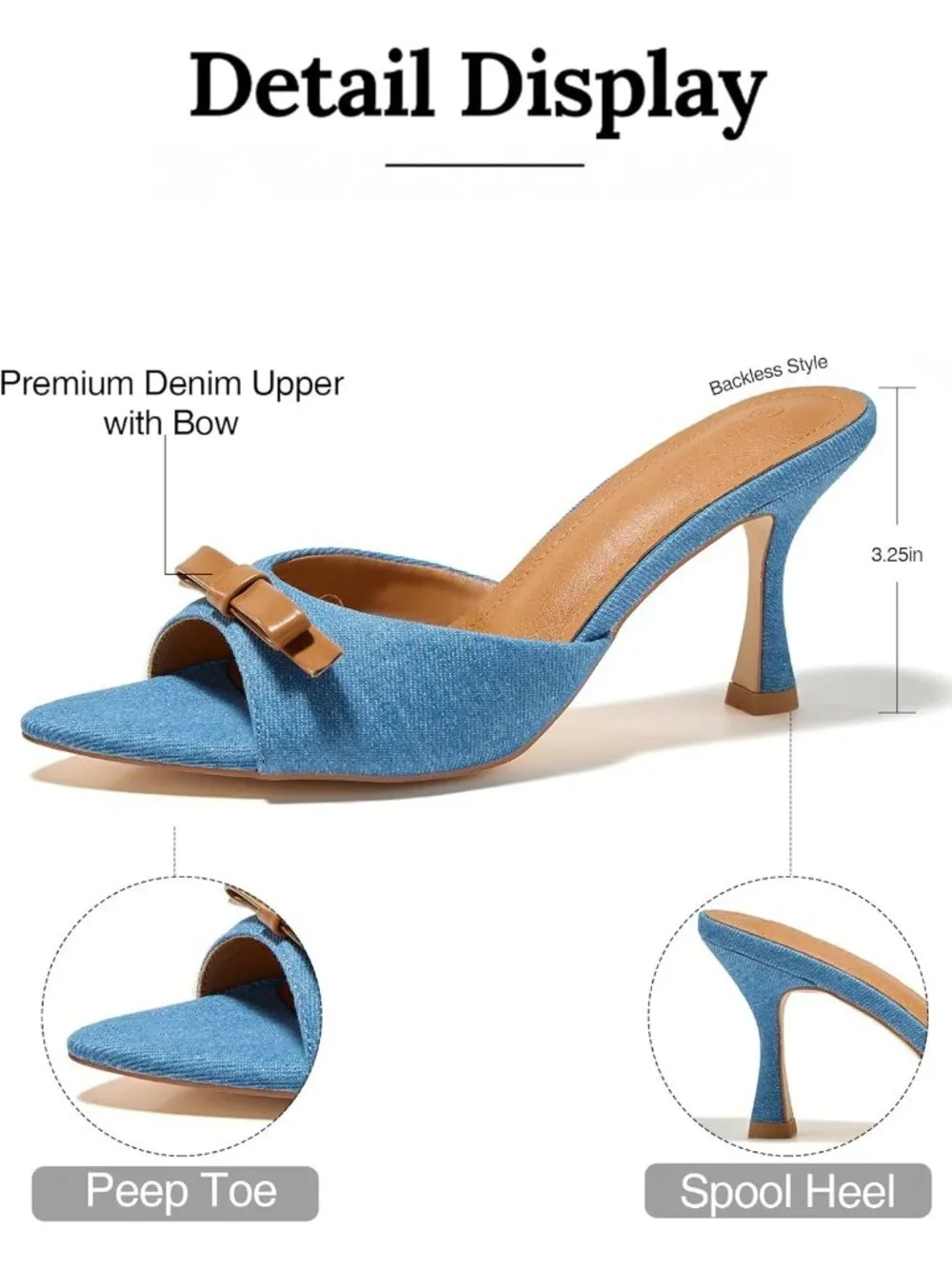 Women's Denim Pointed Open Toe Heeled Sandals Slip On High Heels Dress Shoes
